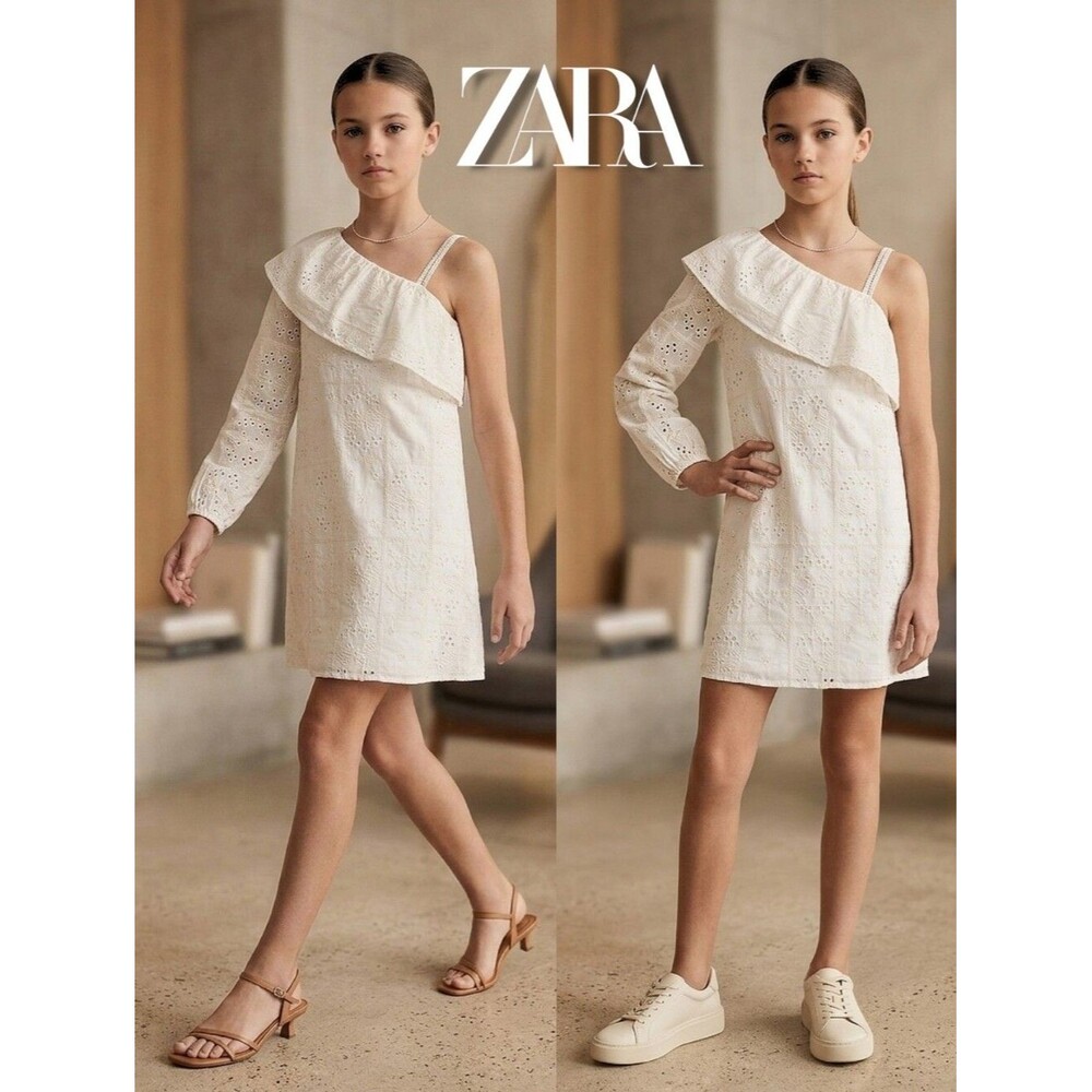 Zara Girls Kids One Shoulder Dress Eyelet Lace 100% Cotton Size 11/12 -Years old